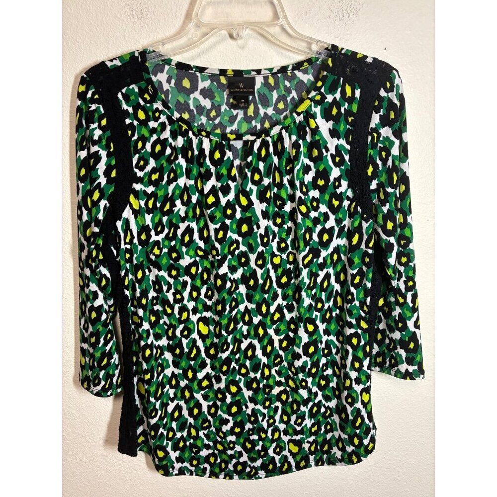 Worthington Blouse Business Casual Top Colorful Animal Print Boho Green Medium